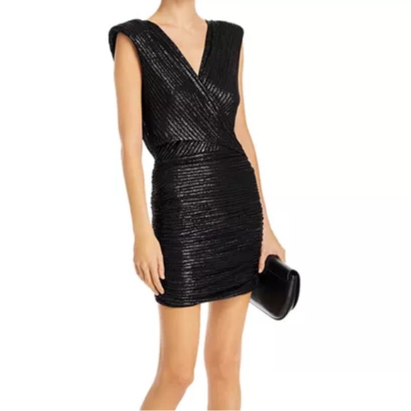Ramy Brook Black and Silver V-Neck Asymmetrical Cocktail Dress - Picture 1 of 6